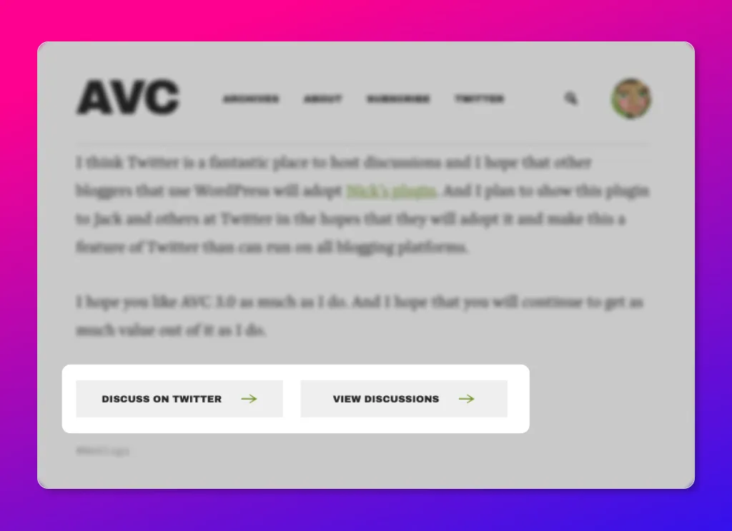 screenshot of the AVC.com blog showing the Discuss on Twitter and View Discussions buttons