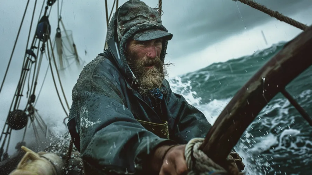 Gritty, low-angle shot, closeup, shot on kodak portra, film grain, weathered fisherman with a rugged beard working tirelessly on his boat, stormy gray clouds looming overhead, wind-whipped waves crashing against the hull, raindrops streaking across the frame, harsh shadows cast by the diffused light, highlighting the fisherman's determined expression and strong, calloused hands, evoking a mood of resilience, hard work, and the raw power of nature.