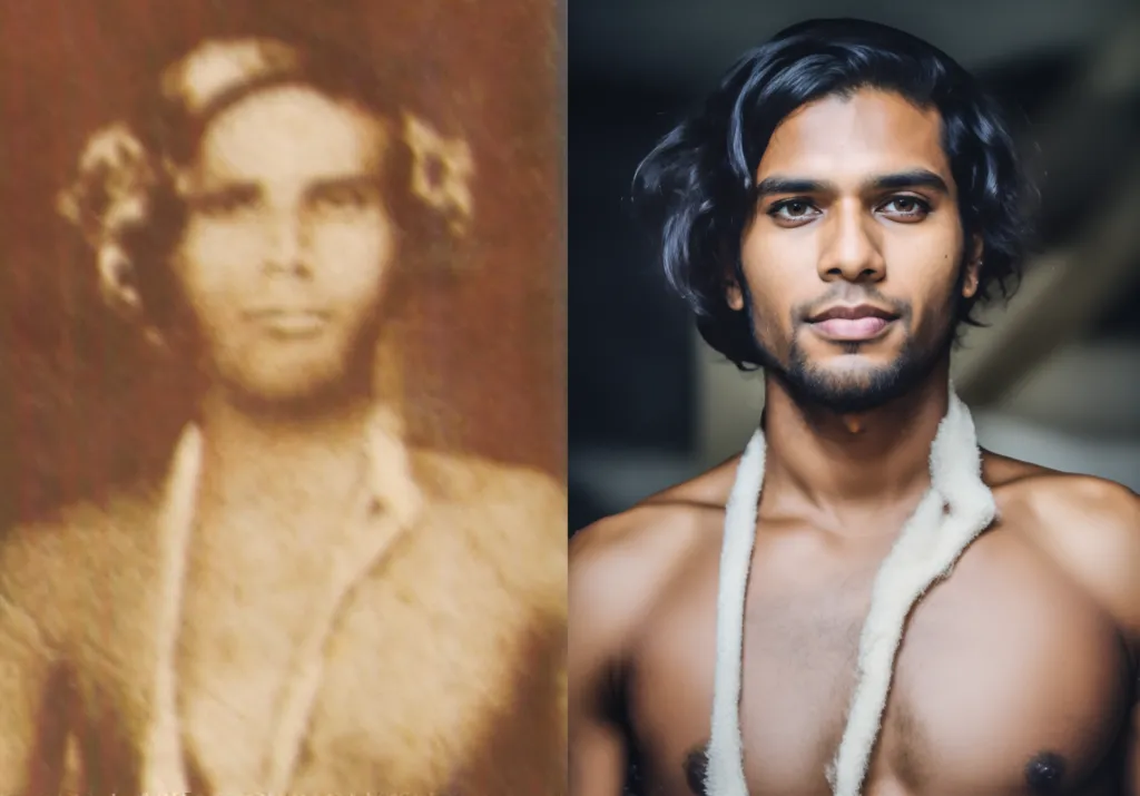 Saradiel - a before and after picture. The original blurry old photo in the left, and the hyper realistic AI generation on the right