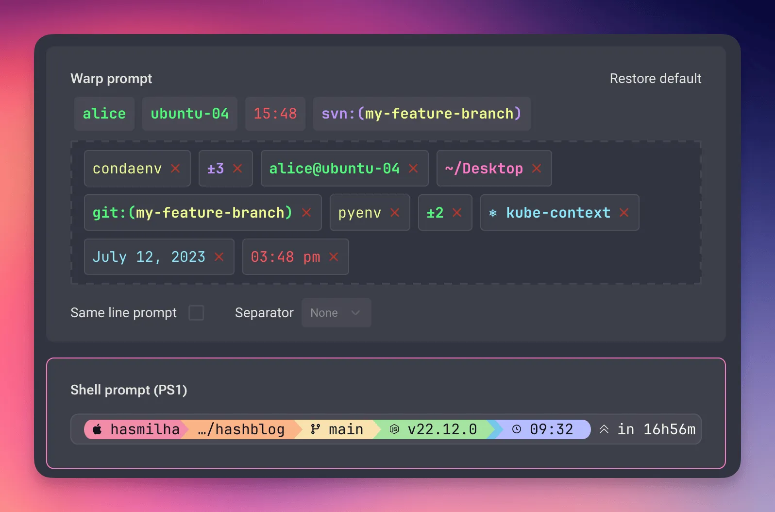 A screenshot showing the default Warp terminal prompt alongside the Starship prompt.