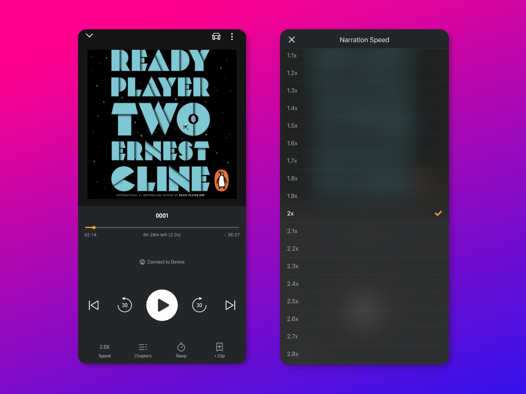 Two screenshots of the Audible app from iOS. The first screen shows the audiobook Ready Player Two by Ernest Cline. The second screen shows the interface to choose the narration speed.