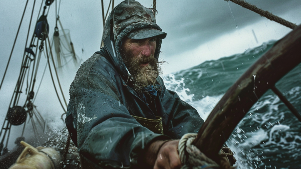 Gritty, low-angle shot, closeup, shot on kodak portra, film grain, weathered fisherman with a rugged beard working tirelessly on his boat, stormy gray clouds looming overhead, wind-whipped waves crashing against the hull, raindrops streaking across the frame, harsh shadows cast by the diffused light, highlighting the fisherman's determined expression and strong, calloused hands, evoking a mood of resilience, hard work, and the raw power of nature.