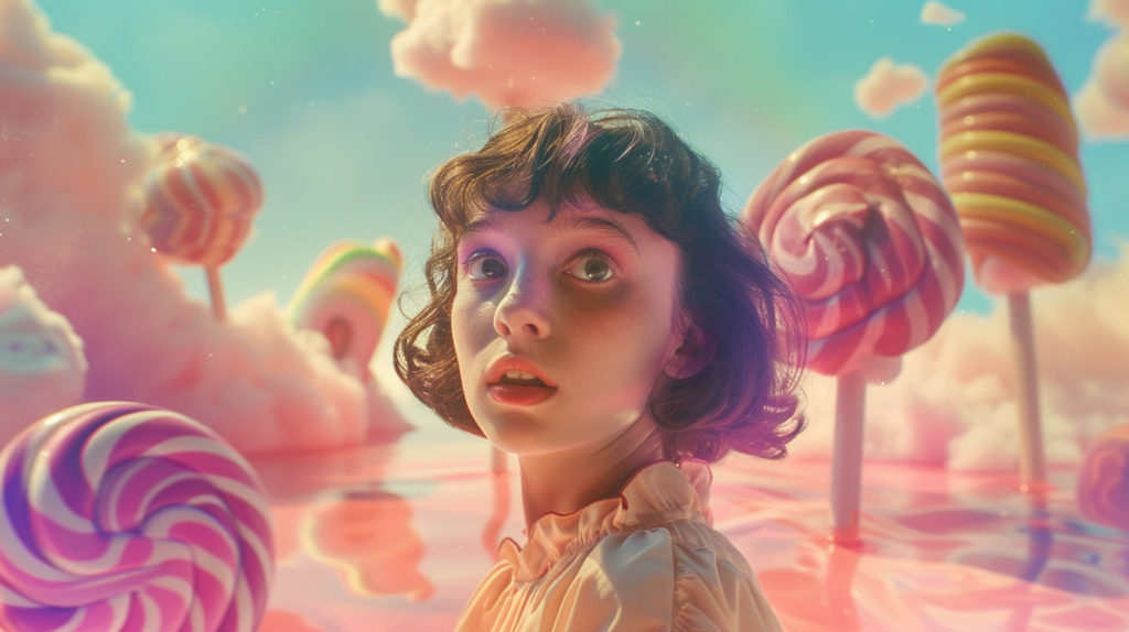 Whimsical, medium shot, frame from a 80's VHS video, young girl with eyes wide in wonder and amazement, standing in a fantastical candy land, colorful lollipop trees and gummy bear bushes surrounding her, chocolate river winding through the landscape, cotton candy clouds floating in the pastel-hued sky, girl's face illuminated by the soft, dreamy light, capturing her expression of pure joy and enchantment, evoking a sense of childhood innocence and limitless imagination.