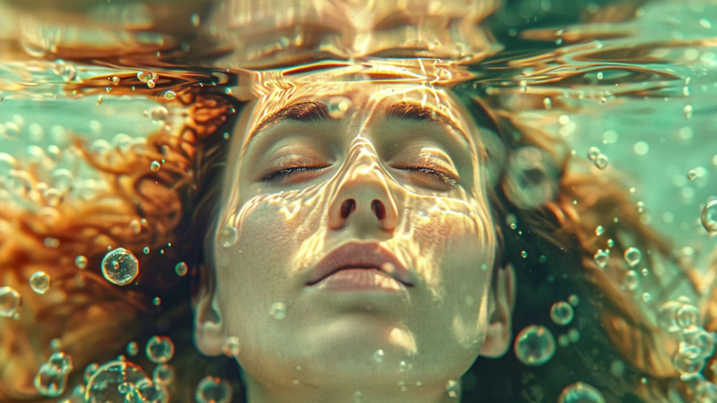 Deep underwater scene, woman with auburn wavy hair being pulled by an unseen force, iridescent portal glowing brightly, bubbles and light trails swirling around her, sense of urgency and mystery, dramatic lighting, cinematic composition, photorealistic 3D render, orange and blue colours